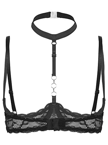 CHICTRY Woman Lace Push Up Underwired Shelf Bra Strappy Balconette 1/2 Cup Hollow Out Bra Crop Top Black XXL
