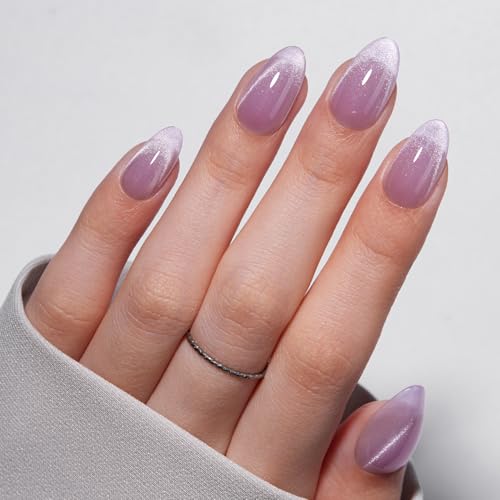VSALON Press on Nails Short Almond, Sheer Lilac Purple Cat Eye Shimmer Fake Nails Kit for Women, Semi-transparent Reusable Curable Salon Quality Nails - 32 PCS in 16 Sizes