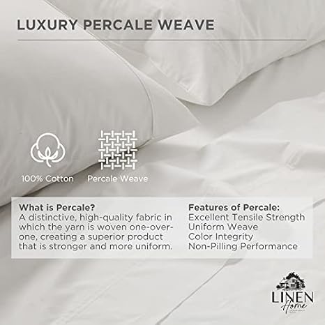 Linen Home 100% Cotton Percale Weave Fitted Sheet, Twin Size, White