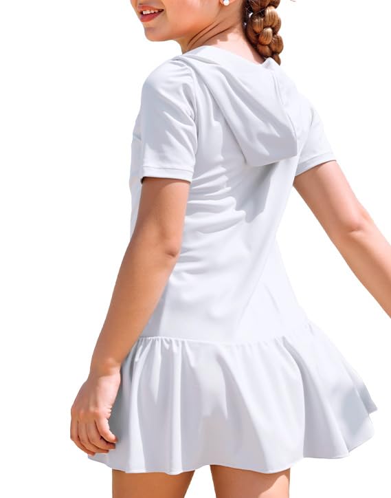 Image of Girls Sun Protective Swim Cover Up Hooded with Full-Length Zipper Short Sleeve UPF 50+ Beach Dress Coverup