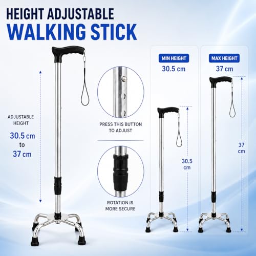 Image of PulGos 4-Leg Walking Stick for Men & Women | ๐๐๐ฃ๐ฎ๐ฌ๐ญ๐๐๐ฅ๐ Height Walking Cane with Anti-Slip Base | Strong Mild Steel Support Stick with Comfortable Grip | Lightweight & Stable for Daily Use