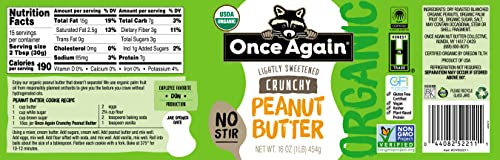 Once Again Organic Crunchy Peanut Butter, 16Oz - American Classic, No Stir - Lightly Sweetened & Salted - Usda Organic, Gluten Free Certified, Vegan, Kosher - Glass Jar (12 Pack) #TOP1