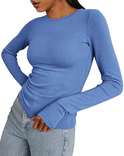 BTFBM Womens Tops 2025 Fall Outfits Long Sleeve Shirts Crewneck Work Blouses Stretchy Slim Fit Going Out Top Workout