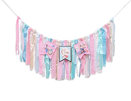 1st Birthday Banner for Alice in Onederland - High Chair Fabric Garland,Pastel Pink Blue Aqua Birthday High Chair Decoration,Photo Prop, First Birthday Decor, First Birthday Party for Baby
