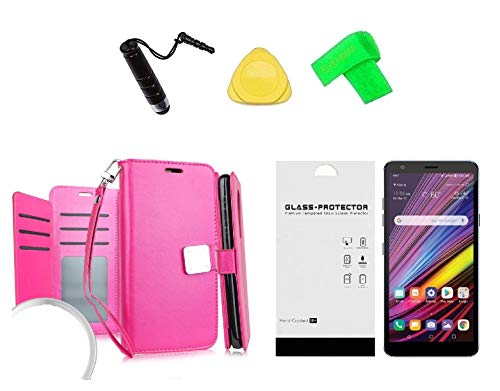 for LG Tribute Royal LM-X320PM Deluxe Wallet Pouch Cover Case + Tempered Glass + Extreme Band + Stylus Pen + Pry Tool (Pink)
