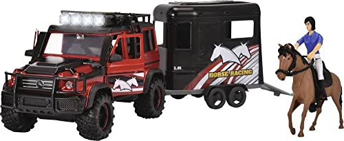 Dickie Toys - Juego de Remolque de Caballos (42 cm) - Camión de Juguete Rojo y Negro con Remolque de Caballo, Caballo y Jinete - para niños a Partir de 3 años