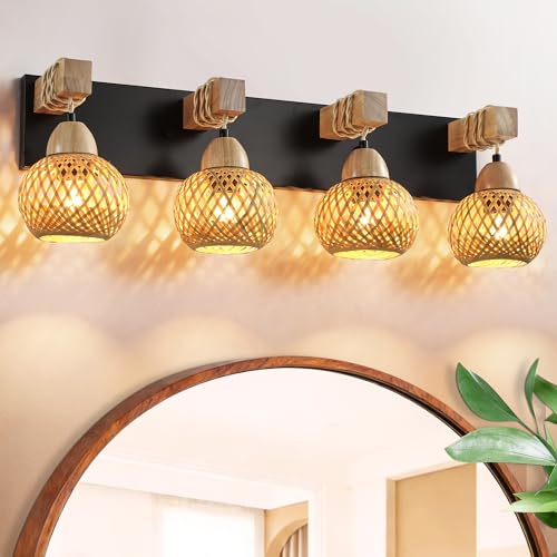 LmnLvn Farmhouse Bathroom Light Fixture, 4-Light Boho Vanity Light, Bamboo Bathroom Light Fixture Over Mirror Rustic Vanity Lighting with Handmade Bamboo Shades, Suit for Restroom, Bedroom, Hallway