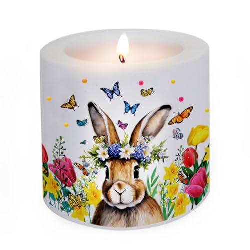Candela Pasqua come decorazione da tavolo Decorazione da tavolo Pasqua come regalo Amorevole candela coniglietto animali fiori durata 30 ore Ø 8 x altezza 7,5 cm