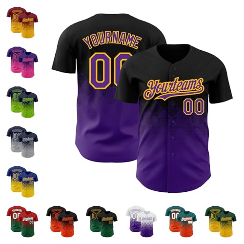 Custom Gradient Baseball Jerseys Black Purple Gold Baseball Shirts Personalized Men Women Youth Slowpitch Softball Team Uniforms Full Button, Stitched Text Logo Sports Fan T-Shirts Short Sleeve Tees