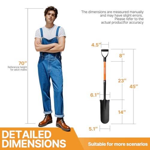 KOLEIYA 45-Inch Heavy Duty Orange Fiberglass Handle Drain Spade Shovel.Sharp Shooter Digging Shovel for Gardening,Planting and Trenching.Durable Spade Shovel for Heavy Duty Digging and Drainage - Thumbnail 2