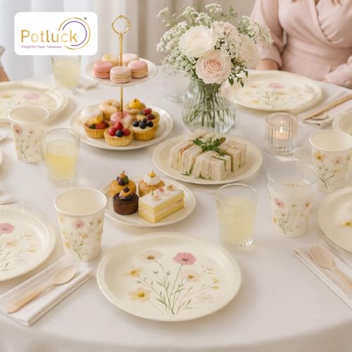 Image of Potluck Exotic Floral Disposable Paper Plates, 9 Inch Food Grade Tableware for Parties, Events, Snacks & Meal Serving Pack