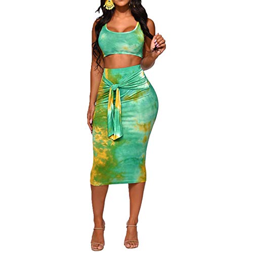 Womens Sexy Boho Print Print Tanks Crop Top Bandage Bodycon 2 Pieces Long Midi Pencil Dresses Outfits Skirt Set Lake Blue M
