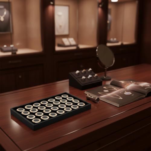SM SunniMix Jewelry Display Tray Featuring 28 Insert Cups Gemstone Organizer Jewel Holder Display Case Insert Low Profile Alloy, Inner Ring Textured Style, Small Size, 28 Pieces With Tray, Gold - Image 6