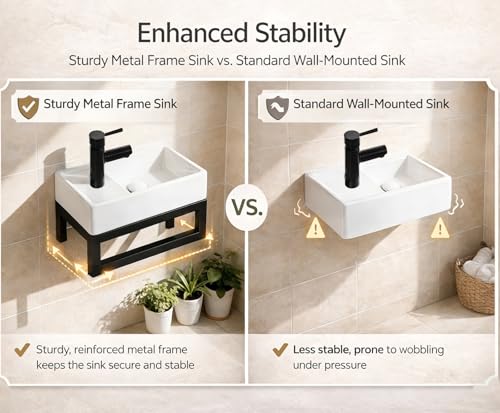 NUESTRA VIDA Lavabo de Cerámica para Baño de Invitados 40x22 cm - Compacto con Rebosadero y Estructura Metálica Negra Mate - Ideal para Espacios Pequeños - imagen 3