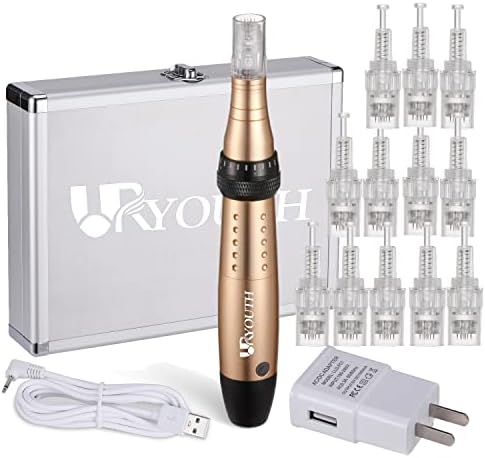 URYOUTH Electric Microneedling Pen Microneedle Kit with 12 PCS Replacements Adjustable DermaPen Home Use for Face and Body Skin Care Metal storage box