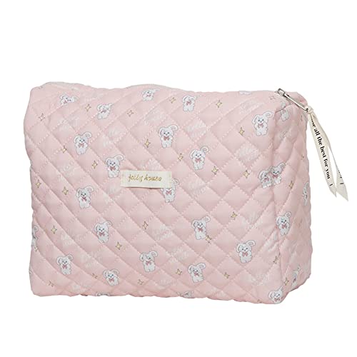 Baonmy Cotton Makeup Bag,Kawaii Floral Cosmetic Bag Large Travel Toiletry Bag, Quilted Cosmetic Pouch for Women,Makeup Organizer Bag Zipper Pouch, Pink, M, Kawaii