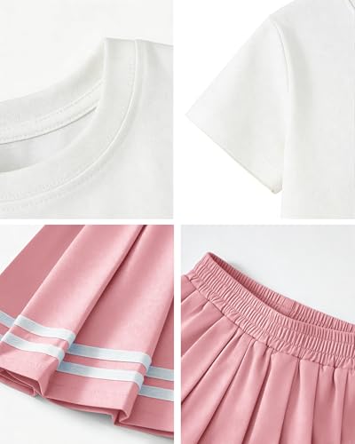 Image of Betusline Girls Skirt Set JK School Uniform 2-Piece Outfit - Short Sleeve & Webbing Solid Skirt,4-14Y