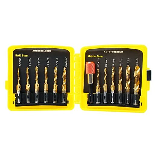 AUTOTOOLHOME Titanium Combination Drill Tap Bit Set 13PCS SAE and Metric Tap Bits Kit for Screw Thread Drilling Tapping Deburring Countersinking