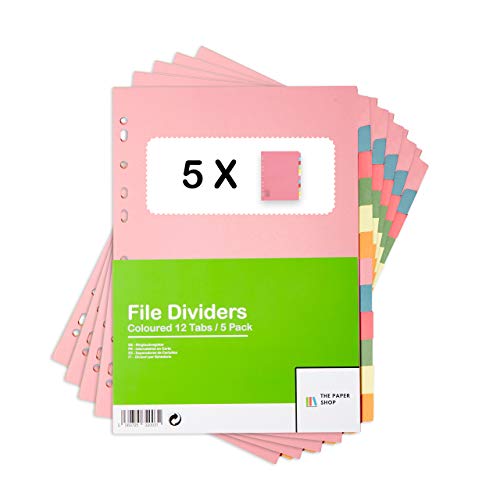 [5 Pack] A4 File Dividers 12 Part | A4 Subject Dividers 12 Part Card Folder Dividers Multi Hole Punched in Assorted Colours | Fit All A4 Portrait File Dividers (5)