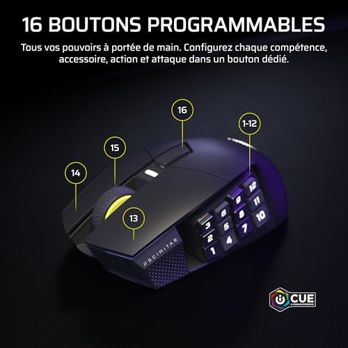 Corsair Scimitar Elite Wireless SE MMO Souris de Jeu – 33 000 DPI, 16 Boutons Programmables, Adjustable Key Slider™, Elgato Virtual Stream Deck, 1K Hyper-Polling, Jusqu'à 150h de Batterie – Gunmetal