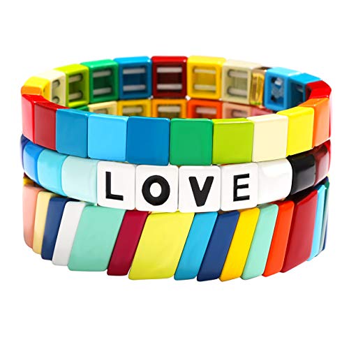 Rainbow Enamel Tile Beads Stretch Bracelet Colorful Enamel Mosaic Block Beaded Letter Bangle Bracelet (Love Rainbow)