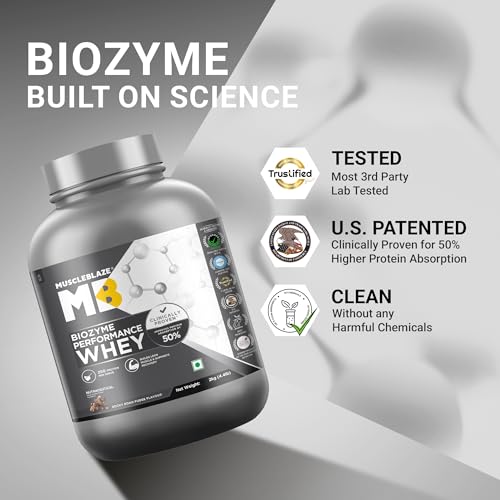 Image of MuscleBlaze Biozyme Performance Whey Protein Powder | Rocky Road Fudge (2kg / 4.4lbs) | 25g Protein Per Scoop | Clinically Tested 50% Higher Protein Absorption