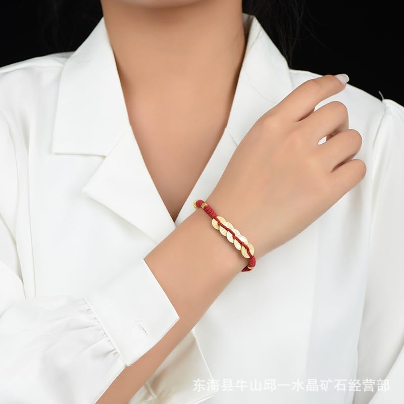 Pulseras elásticas para Mujer Pulsera de Hilo Rojo de Estilo étnico Hecha a Mano con Cinco Monedas del Emperador y Amuleto de Bestia Dorada tibetana for Hombres y Mujeres(Red)