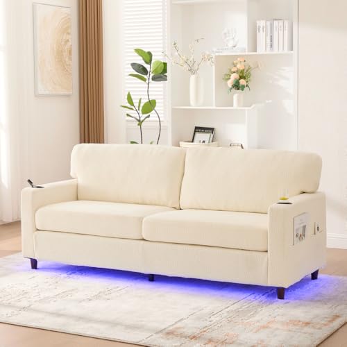 Vepssder Sofá de 2 plazas con USB-C, sofá de matrimonio moderno con luz ambiental LED, portavasos, bolsillos laterales, estructura de madera/metal, para salón, dormitorio u oficina, beige
