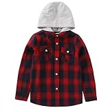 MOMOLAND Little Boys Long Sleeve Button Down Plaid Flannel Shirts with Hood (6 Years, Red Deep Navy)