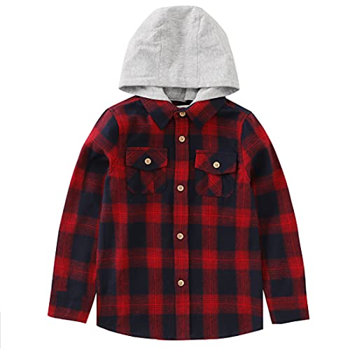 Momoland Little Boys Long Sleeve Button Down Plaid Flannel Shirts With Hood (6 Years, Red Deep Navy) #TOP9
