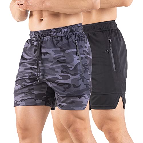 Vpos Men's 5" Gym Workout Shorts With Zipper Pockets,Dry Fit Mens Mesh Athletic Shorts For Running Bodybuilding And Training Black/Camouflage,Large #TOP2