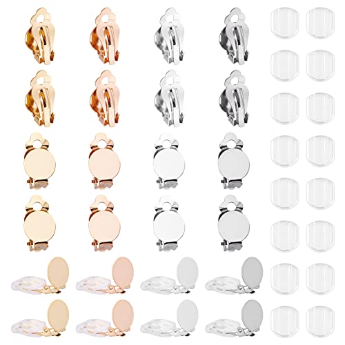 UNICRAFTALE 32pcs Earring Clip 4 Colors Clip-on Earring Converter Stainless Steel Round Flat Back Tray Earring Clips with 32pcs Earring Pads Non-Pierced Earrings DIY Earring Making