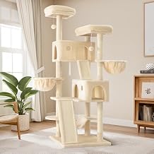Allewie 65in Multi-Level Tall Cat Tree for Indoor Kitties/Larger Tower with Wide Base/Cozy Plush Pussycat Perches/Cat Condo with Hammock/Sisal Scratching Posts/Beige