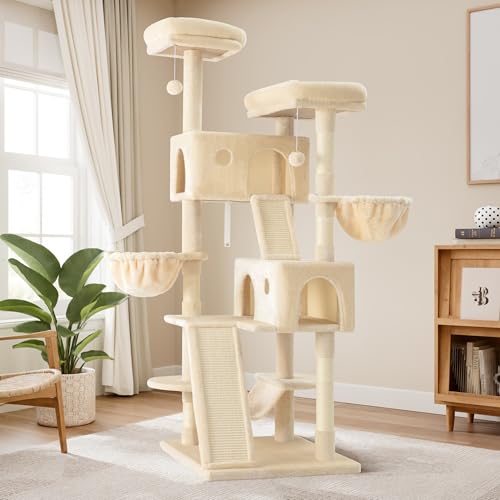 Image of Allewie 65in Multi-Level Tall Cat Tree for Indoor Kitties /Larger Tower with Wide Base /Cozy Plush ‌Pussycat Perches /Cat Condo with Hammock /Sisal Scratching Posts /Beige