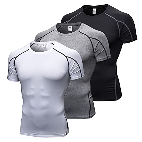 HUIOP Pacote Com 3 Camisas Masculinas De Manga Curta De Secagem Rápida Corrida Fitness Atlético Trei