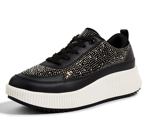 LUCKY STEP Women's Platform Sneakers Sparkly Tennis,Black Rhinestone,8.5