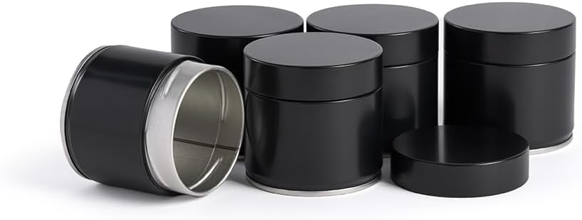 5 Pack Mini Airtight Round Metal Canisters with Screw Seal Lid, 6 oz 12 oz Empty Storage Tins for Matcha Powder, Loose Leaf Tea Spice Kitchen Organization Set (Black, S_2.56x2.48)