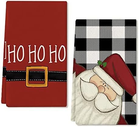 ARKENY Christmas Dish Towels for Christmas Decor Santa Claus Kitchen Towels 18x26 Inch Black Buffalo Plaid Washcloths Seasonal Ultra Absorbent Bar Drying Noel HO HO HO Hand Towel for Cooking Set of 2