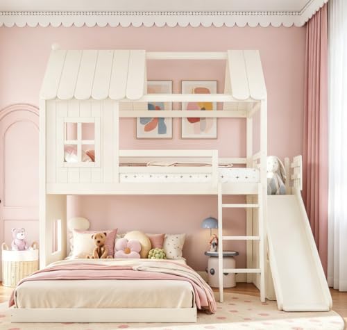 Image of Bellemave Bunk beds Twin Over Full with Slide,Ladders,Bookshelf and Wardrobe House roof Design, Low bunk /loft Bed for Kids,Beige