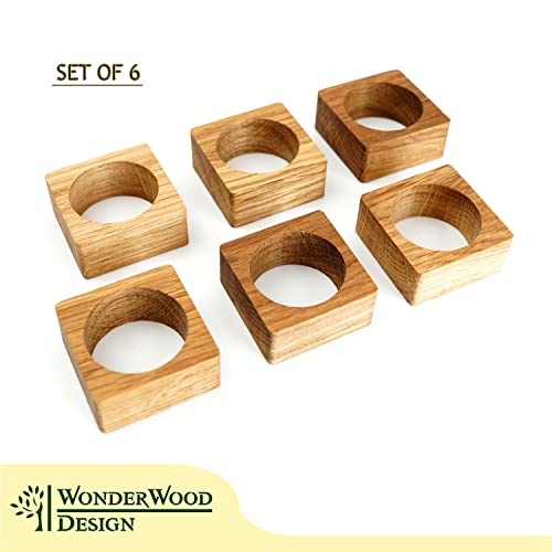 Wonderwood Design Wooden Napkin Rings Set Of 6 - Holders Natural Solid Oak Wood -Table Décor Wedding Decoration Usable For Casual Or Formal Occasion Any Interior Style, Rustic Modern (Square) #TOP2