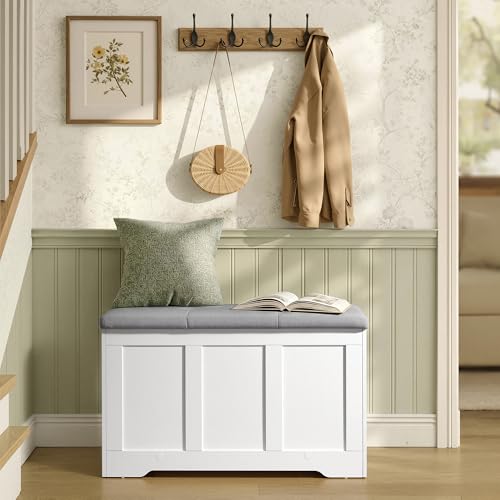 VASAGLE Coffre de Rangement avec Couvercle, 2 Charnières de Sécurité, Banc à Chaussures, Style Champêtre, pour Couloir, Chambre, Salon, 41 x 81 x 49 cm, Blanc Mat et Gris Tourterelle LSB067W101