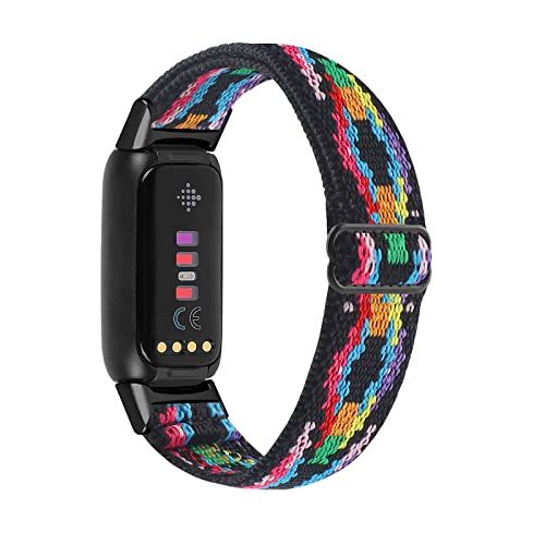 Elastic Nylon Sport Bands Compatible With Fitbit Luxe Band Fitness Smart Watch, 3 Pack Adjustable Stretchy Soft Slim Narrow Flexible Bands, Replacement Solo Loop Wristband For Women Men (Green Arrow / Wavy Black / Colorful Digital) #TOP4