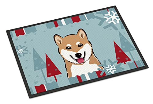 Caroline's Treasures BB1721JMAT Winter Holiday Shiba Inu Doormat 24x36 Front Door Mat Indoor Outdoor Rugs for Entryway, Non Slip Washable Low Pile, 24H X 36W