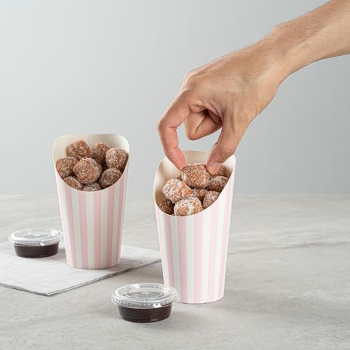 Bio Tek 16 Ounce French Fry Containers, 100 Disposable Charcuterie Cups - Incline Design, Round, Striped Paper French Fry Cups, Stackable, For Waffles, Chips, or Popcorn - Restaurantware by Restaurantware - Image 5