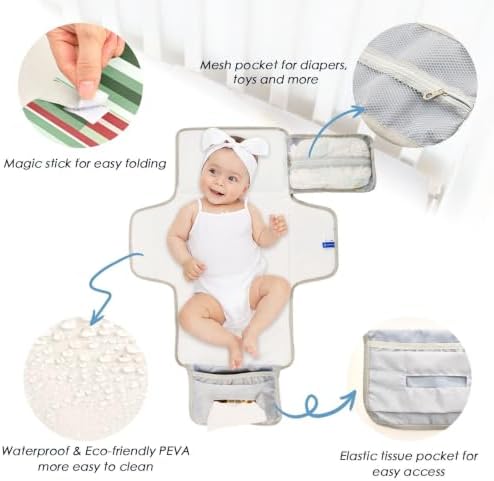 Kagirah Red Green Lines Portable Changing Pad with Built-in Pillow, Waterproof Foldable Baby Diaper Changing Pads, Diaper Mat for Boys and Girls - 2