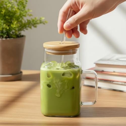 Image of ginoya brothers 600ml Mason Jar with Natural Bamboo Lid, Reusable Glass Straw & Handle | Leak-Proof Silicone Seal Glass Cup for Hot & Cold Beverages (PACK OF 2)