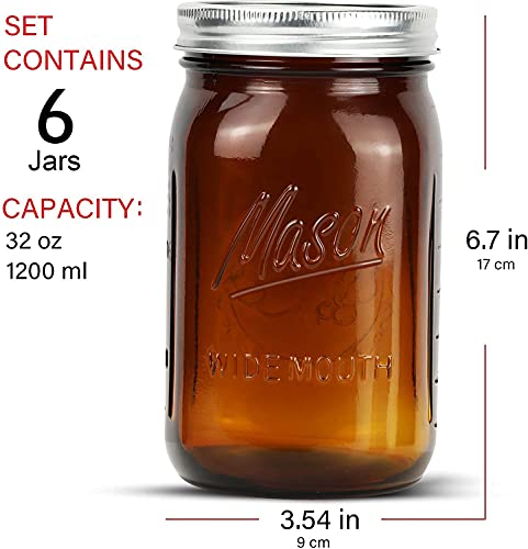 Polytun Amber Glass Mason Jars 32 Oz Wide Mouth With Airtight Lids And Bands 6 Pack, Amber Clear Glass Canning Mason Jars, Quart Mason Jars (Set Of 6) (Wide Mouth) #TOP3