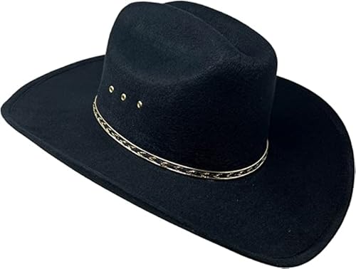 Faux Felt Wide Brim Western Cowboy Hat Elastic Band-Black-S/M #TOP2