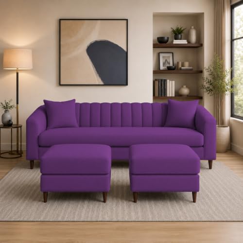 Image of Doraldo 3 Seater Sofa Set with 2 Ottoman for Living Room (Purple) Premium Fabric Sofa
