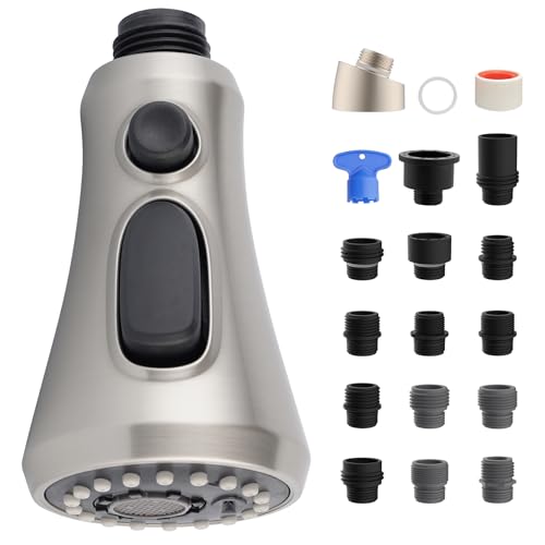 iFealClear Universal Pull Down Kitchen Faucet Head Replacement, 3 Function Anti-Splashing Faucet Head for Kitchen Sink, Kitchen Faucet Head Replacement Female Thread with 15 Adapters, Brushed Nickel